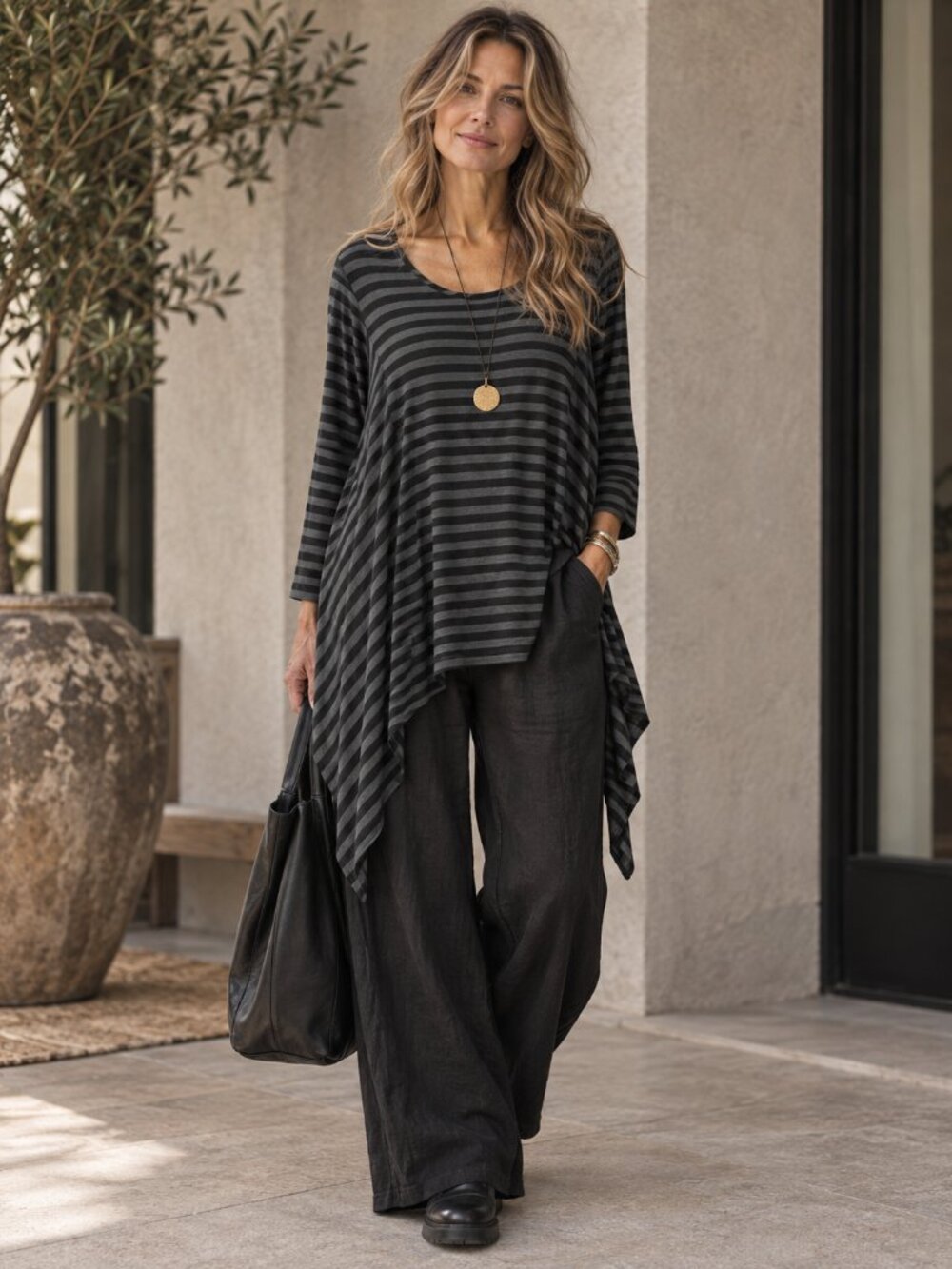 BRYN WALKER Striped Asymmetrical Tunic Top Lagenlook Artwear Minimalist Chic L